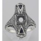 Semi Mount - Art Deco Sapphire Filigree Ring - Sterling Silver - FR-990-SEMI