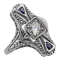 Art Deco Style White Topaz and Sapphire Filigree Ring - Sterling Silver