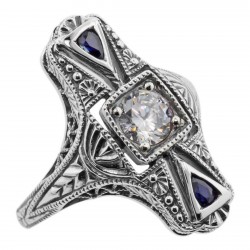 Art Deco Style White Topaz and Sapphire Filigree Ring - Sterling Silver