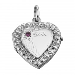Sterling Silver Heart Locket Pendant with Red CZ - Victorian Style