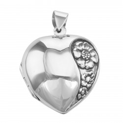Antique Style Puffy Heart Locket Pendant - Flower Design - Sterling Silver