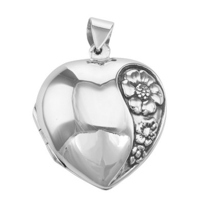 Antique Style Puffy Heart Locket Pendant - Flower Design - Sterling Silver - HP-603