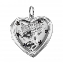 Cherub Heart Sterling Silver Locket Pendant with Blue CZ's