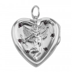 Sterling Silver Cherub Heart Locket Pendant Red CZ's