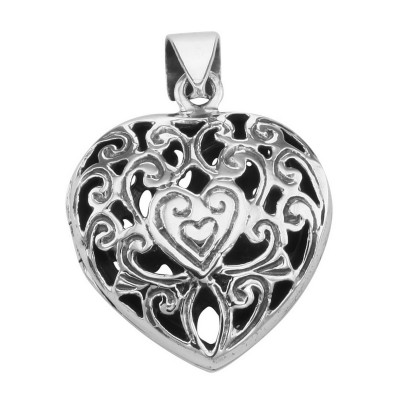 Filigree Heart Locket Pendant Vinaigrette Aromatherapy Sterling Silver - HP-69