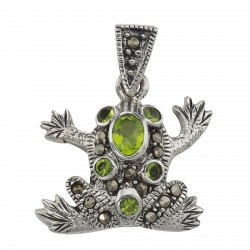 Cute Green CZ and Marcasite Frog Pendant - Sterling Silver