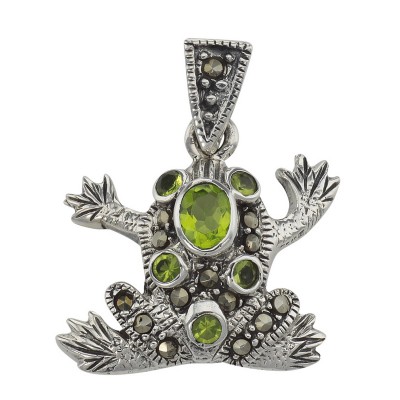 Cute Green CZ and Marcasite Frog Pendant - Sterling Silver - HP-791
