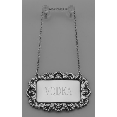 Sterling Silver Vodka Liquor Decanter Label / Tag Victorian Border Made in USA - LL-101