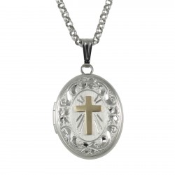 Sterling Oval Locket with 14kt Gold Cross - Made in USA Sterling Oval Locket with 14kt Gold Cross - Made in USA