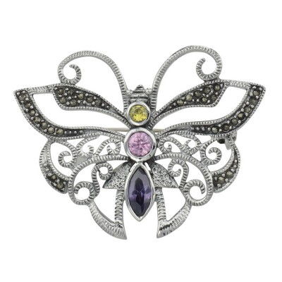 Marcasite Butterfly Pin with Gemstones - Sterling Silver - P-170