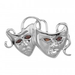 Comedy  Tragedy Pin with Garnet Eyes - Sterling Silver