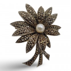 Fine Bead Set Floral Marcasite Pin or Brooch with Pearl - Sterling Silver Fine Bead Set Floral Marcasite Pin or Brooch with Pearl - Sterling Silver