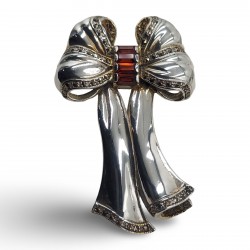 Fine Bead Set Marcasite Bow Pin or Brooch with Garnets - Sterling Silver Fine Bead Set Marcasite Bow Pin or Brooch with Garnets - Sterling Silver