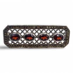 Fine Bead Set Marcasite Pin or Brooch with 4 Oval Faceted Garnets - Sterling Silver Fine Bead Set Marcasite Pin or Brooch with 4 Oval Faceted Garnets - Sterling Silver