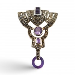 Fine Bead Set Marcasite Art Deco Style Amethyst Pin or Brooch - Sterling Silver Fine Bead Set Marcasite Art Deco Style Amethyst Pin or Brooch - Sterling Silver