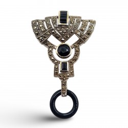 Fine Bead Set Marcasite Art Deco Style Onyx Pin or Brooch - Sterling Silver Fine Bead Set Marcasite Art Deco Style Onyx Pin or Brooch - Sterling Silver