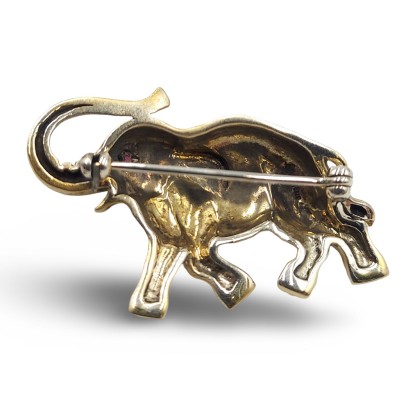 Sterling Silver Gold Vermeil Elephant Pin or Brooch with Marcasites and Ruby Eye - PM-528