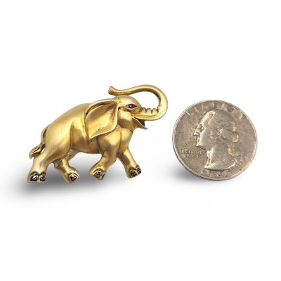 Sterling Silver Gold Vermeil Elephant Pin or Brooch with Marcasites and Ruby Eye - PM-528