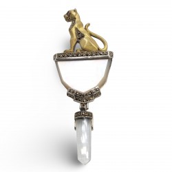 Fine Bead Set Marcasite Egyptian Revival Bigger Cat Pin or Brooch w/ MOP and Crystal Dangle - Gold Vermeil over Sterling Silver Fine Bead Set Marcasite Egyptian Revival Bigger Cat Pin or Brooch w/ MOP and Crystal Dangle - Gold Vermeil over Sterling Silver