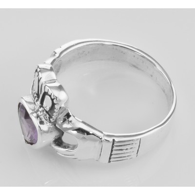 Irish Claddagh Ring with Amethyst CZ - Sterling Silver - R-249