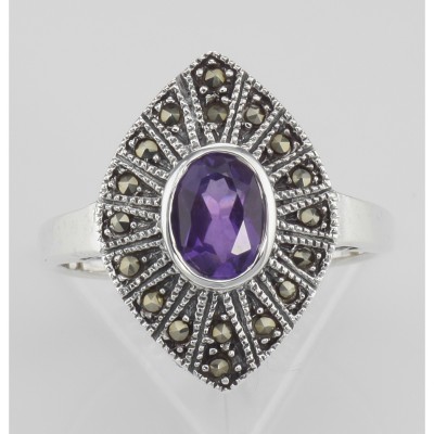 Lovely 1/2 Carat Genuine Amethyst and Marcasite Ring - Sterling Silver - R-391