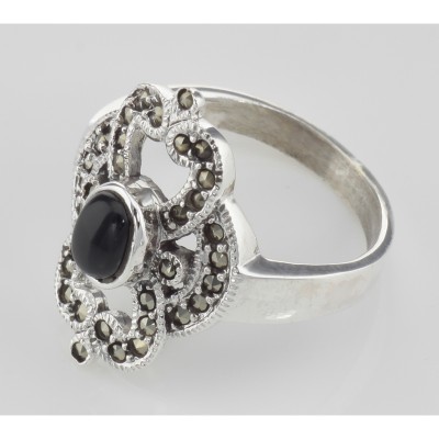 Antique Style Black Onyx and Marcasite Ring - Sterling Silver - R-396