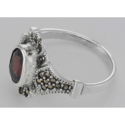 Antique Style Garnet and Marcasite Ring - Sterling Silver - R-398-G