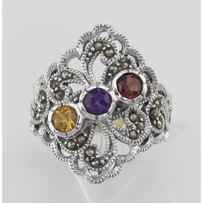 Antique Style Marcasite Multi-Stone Ring - Sterling Silver - R-407