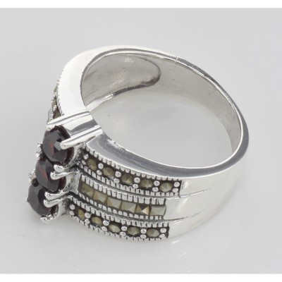 3 Stone Genuine Red Garnet and Marcasite Ring - Sterling Silver - R-412 3 Stone Genuine Red Garnet and Marcasite Ring - Sterling Silver - R-412