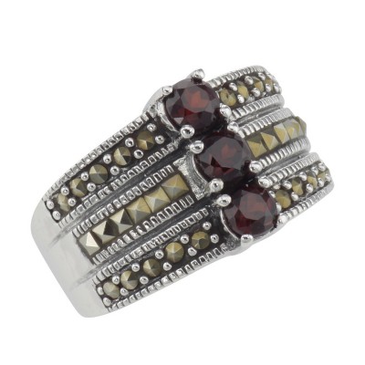 3 Stone Genuine Red Garnet and Marcasite Ring - Sterling Silver - R-412