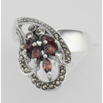 Antique Style Genuine Red Garnet and Marcasite Ring - Sterling Silver - R-605-G