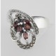 Antique Style Genuine Red Garnet and Marcasite Ring - Sterling Silver - R-605-G