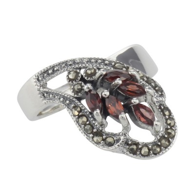 Antique Style Genuine Red Garnet and Marcasite Ring - Sterling Silver - R-605-G