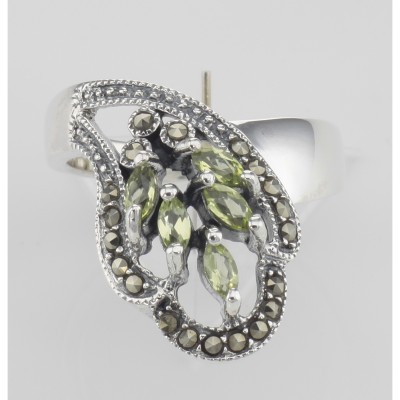 Antique Style Genuine Peridot Ring Marcasite Accents - Sterling Silver - R-605-P
