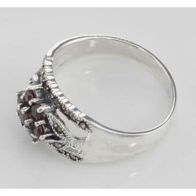 Floral Design Red Garnet Ring with Marcasite accents - Sterling Silver - R-607