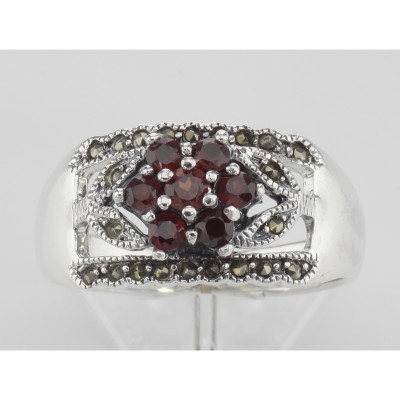 Floral Design Red Garnet Ring with Marcasite accents - Sterling Silver - R-607