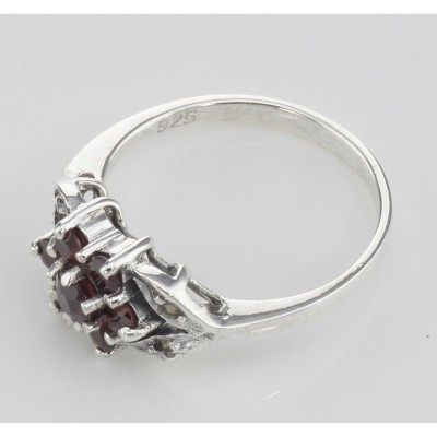 Antique Style Garnet - Marcasite Floral Design Ring - Sterling Silver - R-608-G
