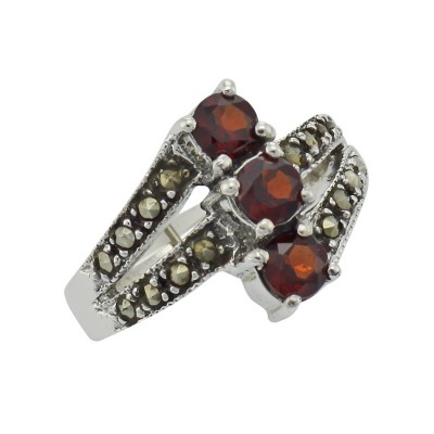 Antique Style Garnet Marcasite Ring - Sterling Silver - R-610-G