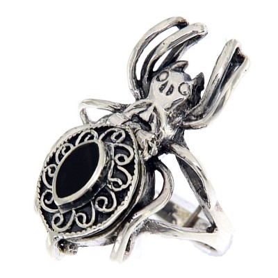 Black Onyx Spider Poison Ring Hidden Compartment - Sterling Silver - R-8722