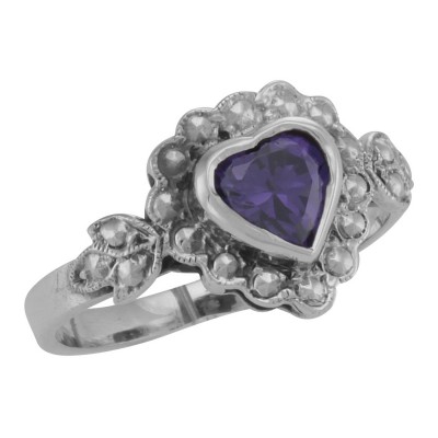 Victorian Style Heart Shaped Amethyst Colored CZ Ring - Sterling Silver - R-950-AM