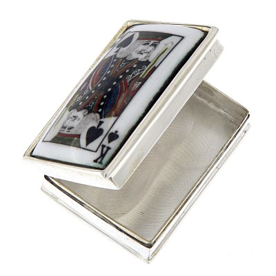 Hand Painted King of Spades Porcelain top Rectangular Sterling Silver Pillbox - X-34