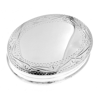 Nice Size Sterling Silver Oval Pillbox w/ Engraved Border Design - X-720
