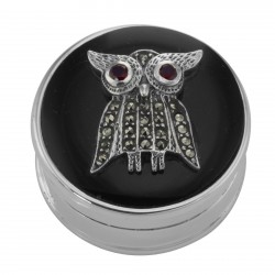 Beautiful Marcasite Owl Pillbox Black Onyx Top Garnet Eyes - Sterling Silver