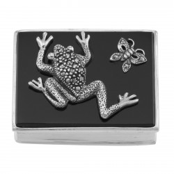 Marcasite Frog and Butterfly Pillbox with Black Onyx Top - Sterling Silver